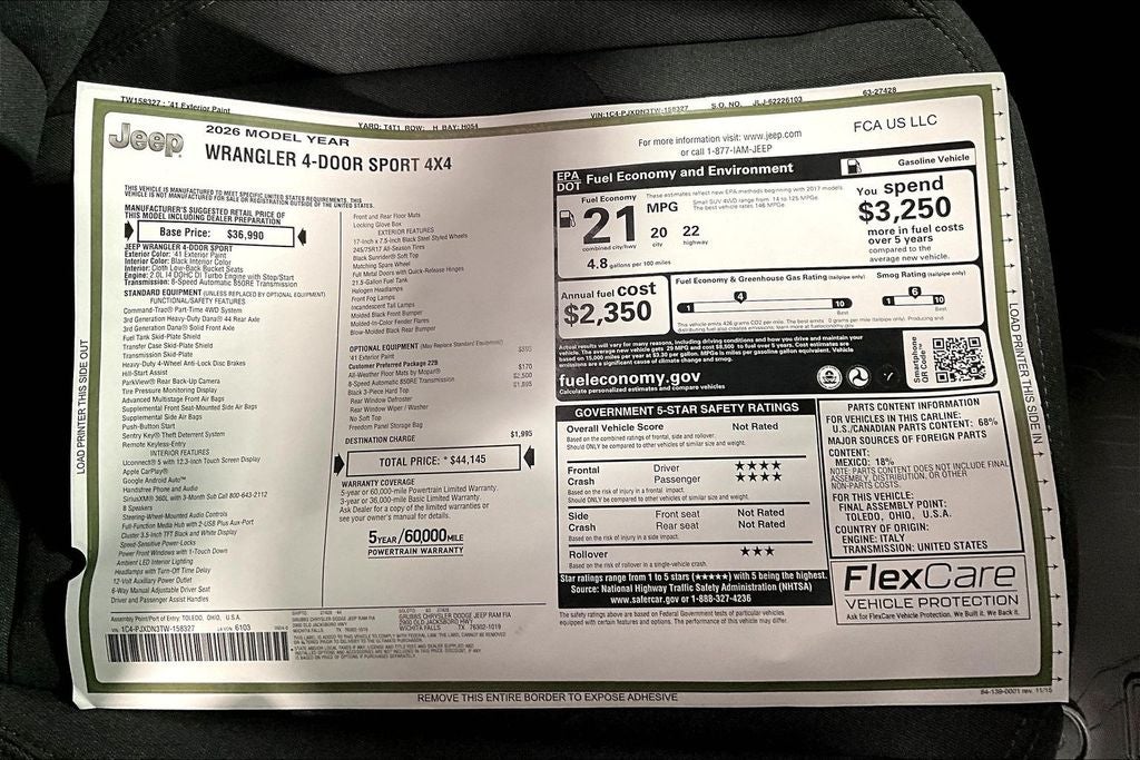 2026 Jeep Wrangler WRANGLER 4-DOOR SPORT